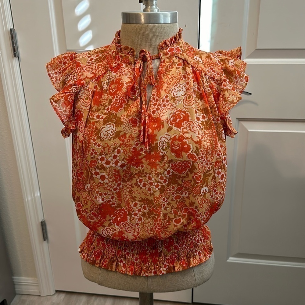 RACHEL ZOE ORANGE FLORAL BLOUSE GUC SZ S CAREER EVERYDAY DATE NIGHT